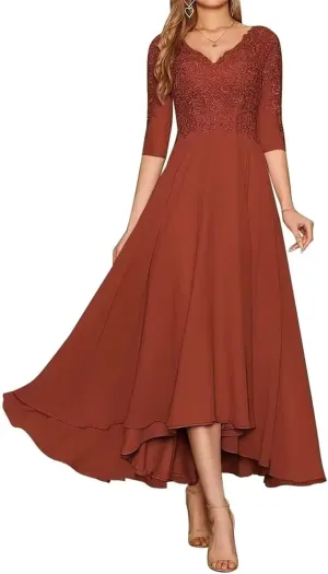 Lace Appliques Mother of The Bride Dress for Wedding V Neck Long Chiffon Formal Dresses with 3/4 Sleeves