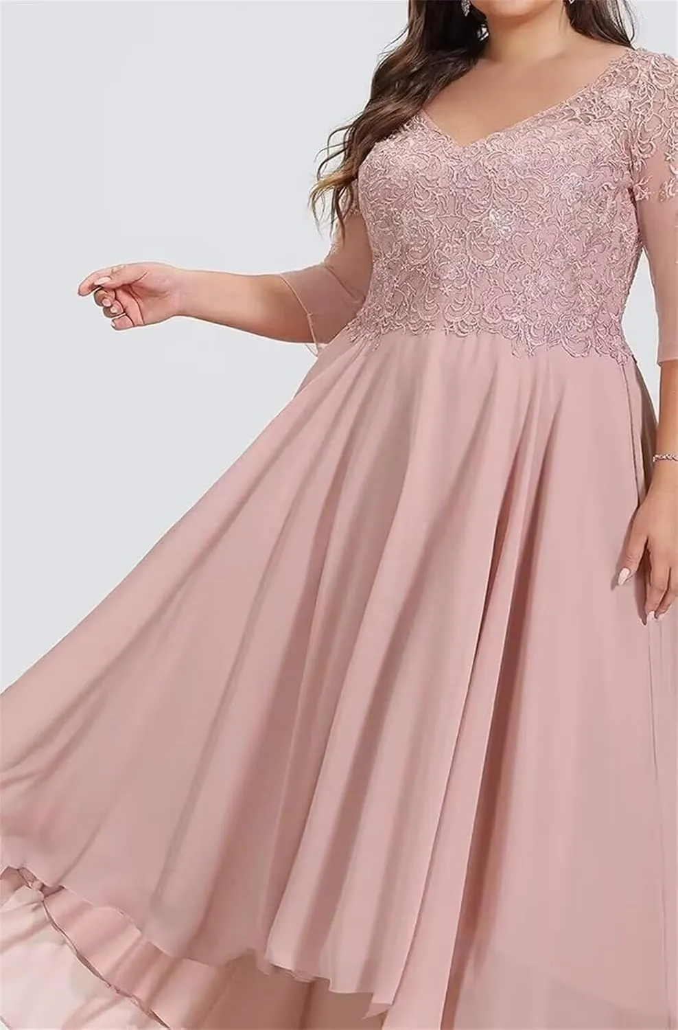 Lace Appliques Mother of The Bride Dress for Wedding V Neck Long Chiffon Formal Dresses with 3/4 Sleeves