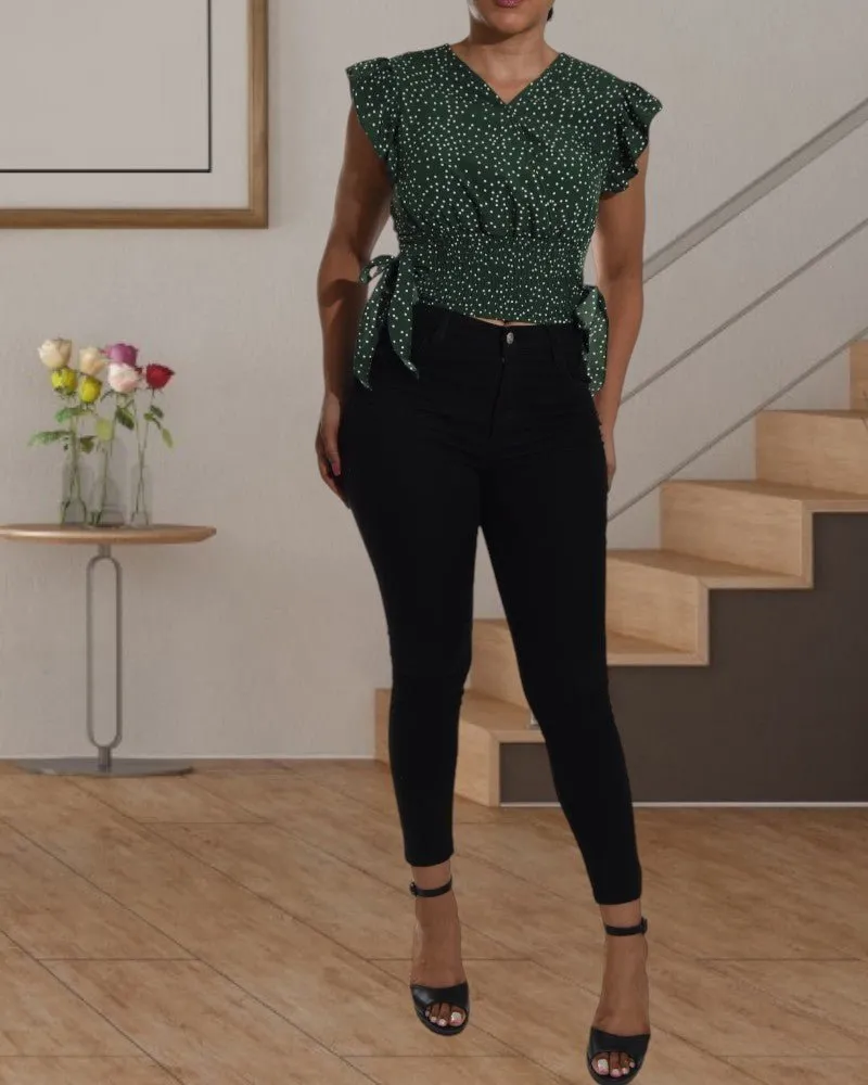 Ladies Shirred V Neck Green Top