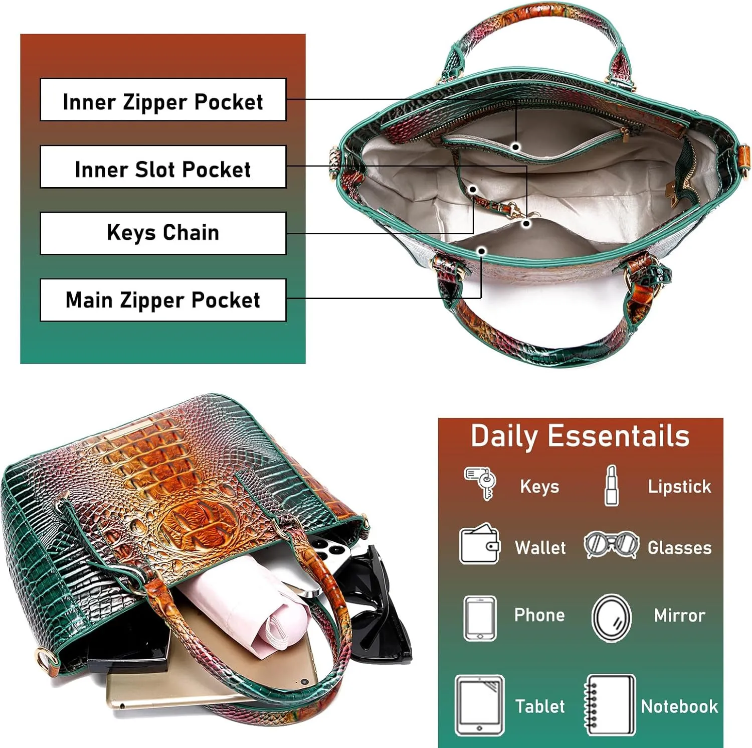 Ladies Tote Leather Bags for Women Crocodile Embossed Zipper Satchel Purse Elegant Compartments Crossbody Work