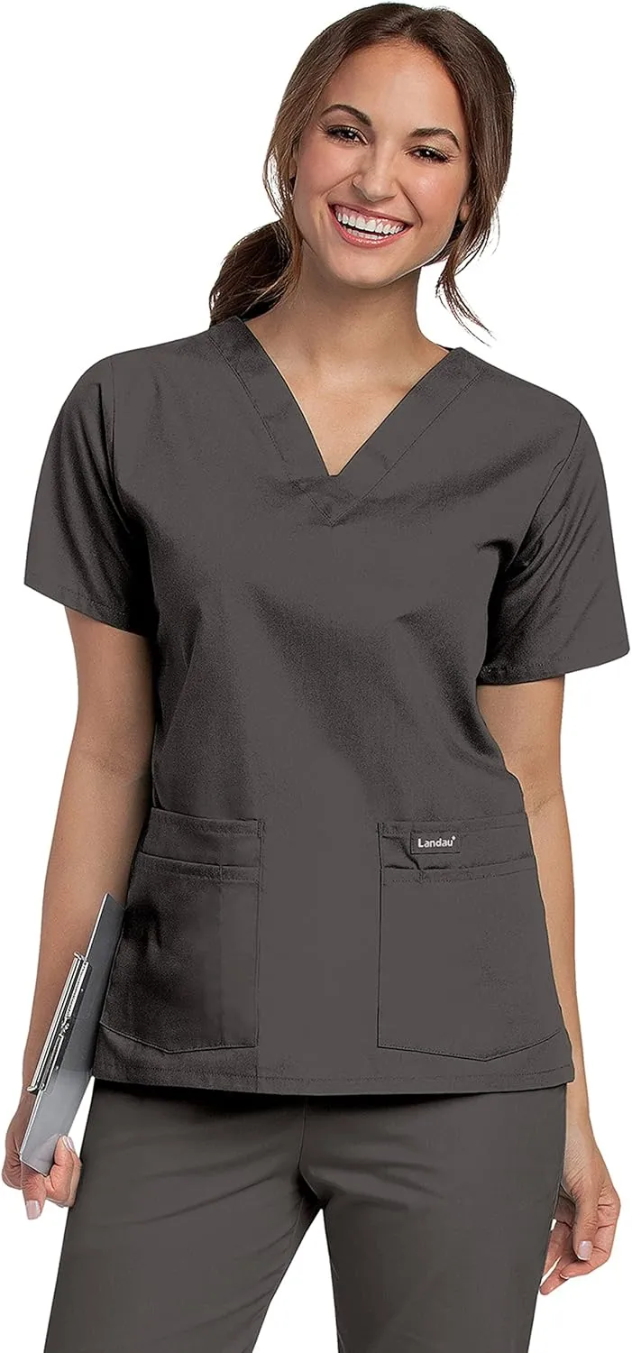 Landau Essentials Relaxed Fit 4-Pocket V-Neck Scrub Top for Women 8219