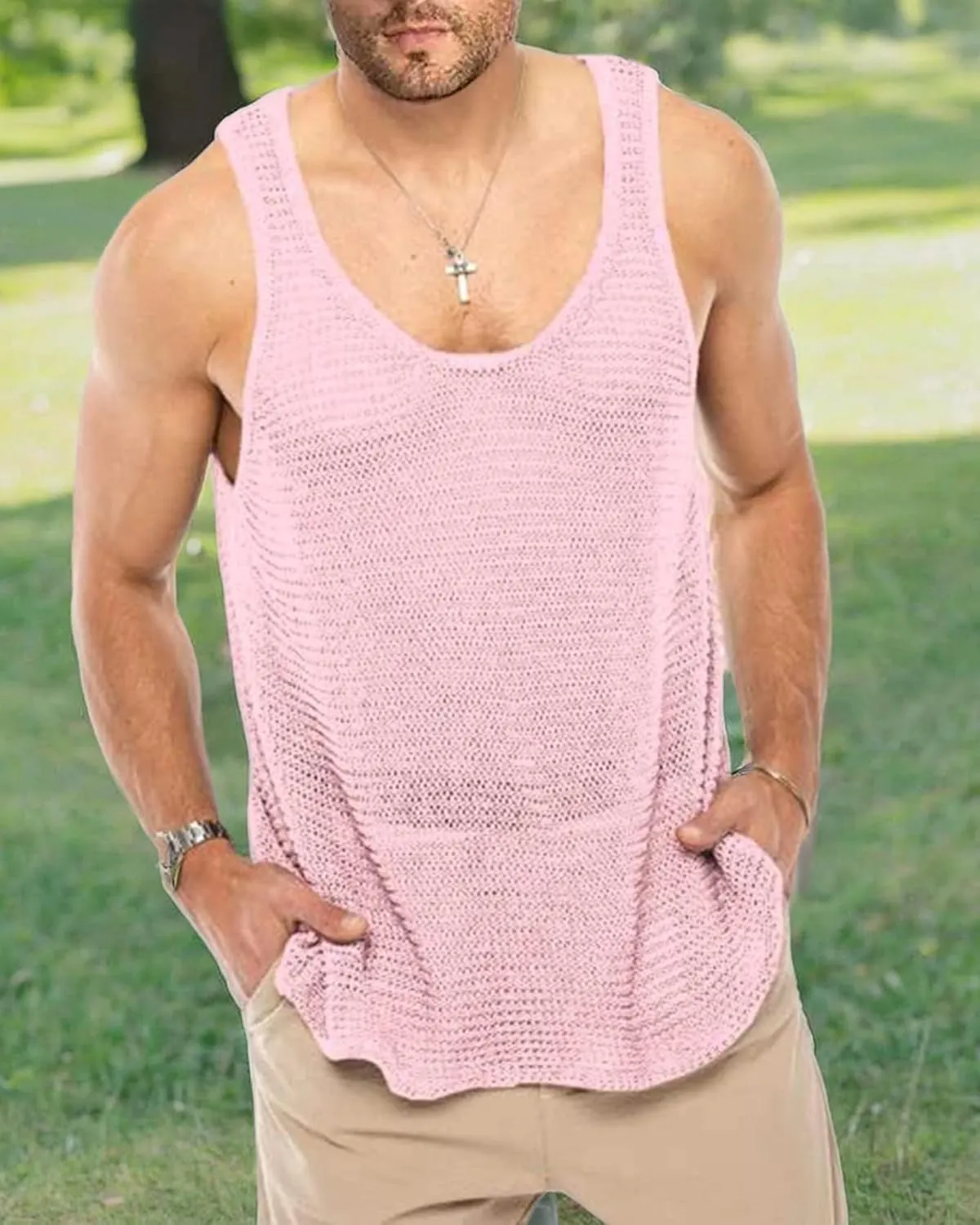 Lanliun See Through Sleeveless Tank Tops for Men Casual Unique Workout Outdoor T Shirts Gym Muscle Shirts