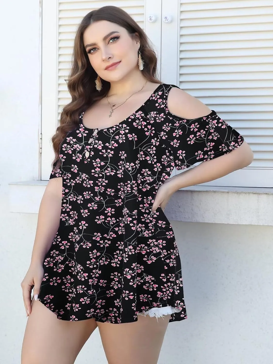 LARACE Cold Shoulder Tops for Women Plus Size V Neck T Shirts Short Sleeve Summer Clothes Button Up Tunic