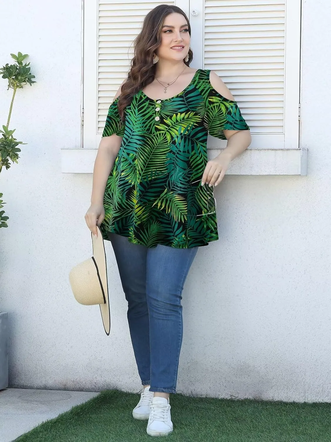 LARACE Cold Shoulder Tops for Women Plus Size V Neck T Shirts Short Sleeve Summer Clothes Button Up Tunic