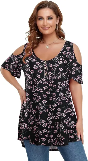 LARACE Cold Shoulder Tops for Women Plus Size V Neck T Shirts Short Sleeve Summer Clothes Button Up Tunic