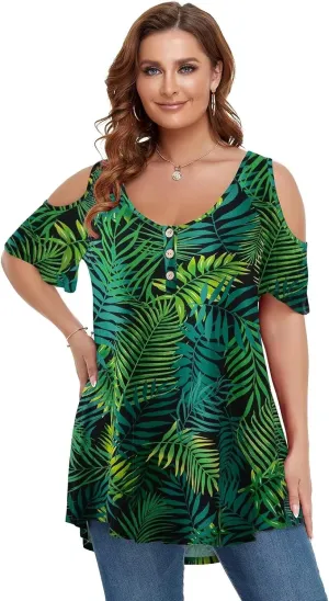 LARACE Cold Shoulder Tops for Women Plus Size V Neck T Shirts Short Sleeve Summer Clothes Button Up Tunic