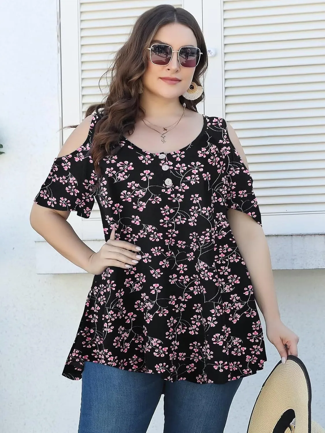 LARACE Cold Shoulder Tops for Women Plus Size V Neck T Shirts Short Sleeve Summer Clothes Button Up Tunic
