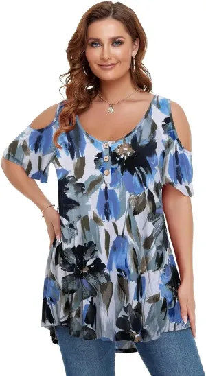 LARACE Cold Shoulder Tops for Women Plus Size V Neck T Shirts Short Sleeve Summer Clothes Button Up Tunic