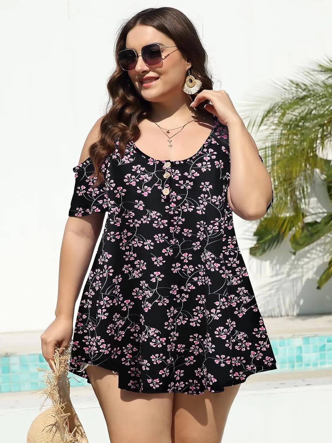 LARACE Cold Shoulder Tops for Women Plus Size V Neck T Shirts Short Sleeve Summer Clothes Button Up Tunic