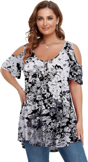 LARACE Cold Shoulder Tops for Women Plus Size V Neck T Shirts Short Sleeve Summer Clothes Button Up Tunic
