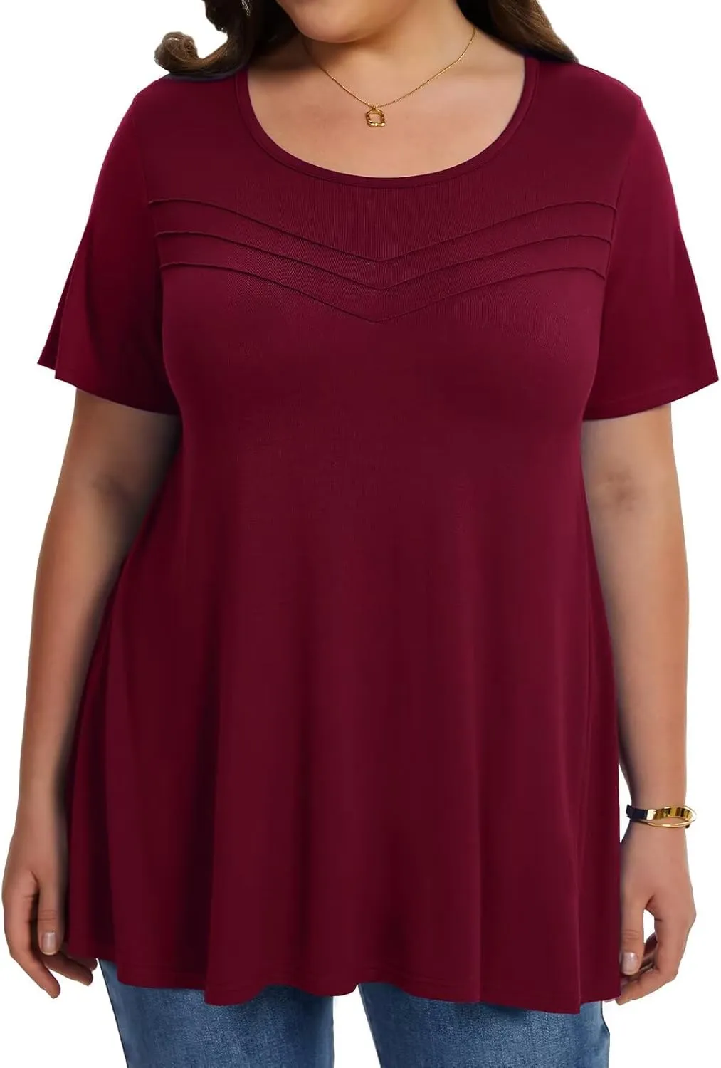 LARACE Summer Plus Size Tops for Women Round Neck Short Sleeve Women's Tunic Loose Fit Pleated T-Shirts Blouse Clothes
