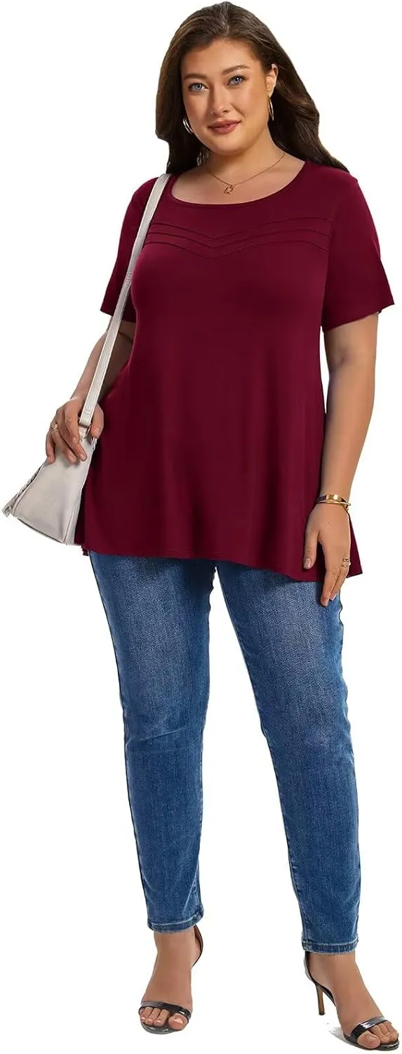 LARACE Summer Plus Size Tops for Women Round Neck Short Sleeve Women's Tunic Loose Fit Pleated T-Shirts Blouse Clothes
