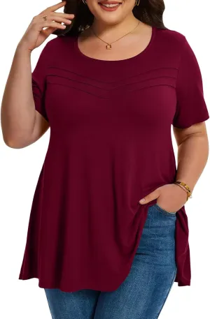 LARACE Summer Plus Size Tops for Women Round Neck Short Sleeve Women's Tunic Loose Fit Pleated T-Shirts Blouse Clothes