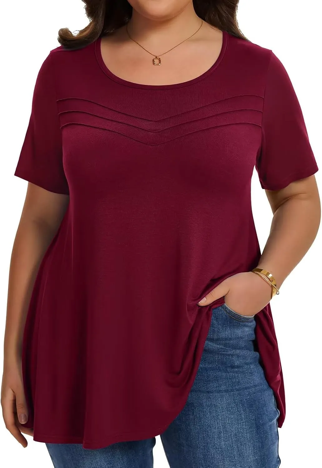 LARACE Summer Plus Size Tops for Women Round Neck Short Sleeve Women's Tunic Loose Fit Pleated T-Shirts Blouse Clothes