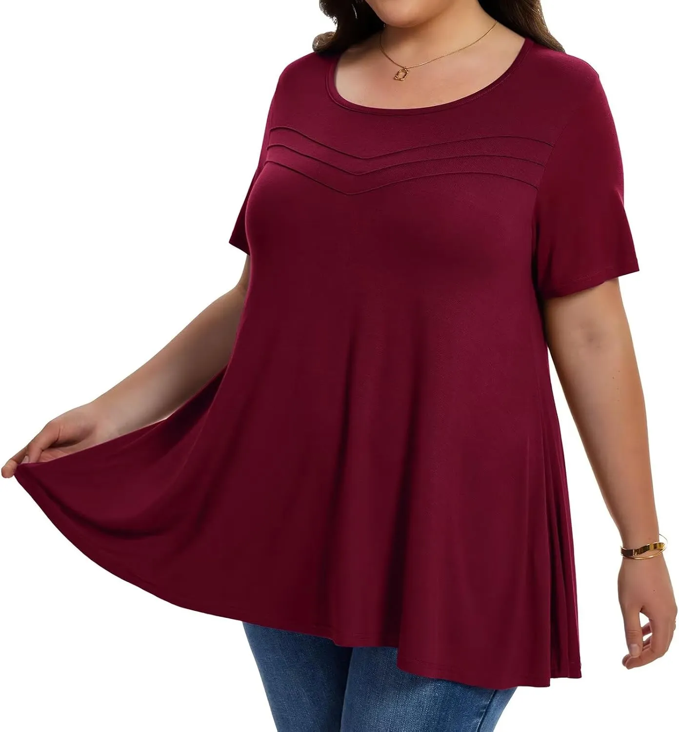 LARACE Summer Plus Size Tops for Women Round Neck Short Sleeve Women's Tunic Loose Fit Pleated T-Shirts Blouse Clothes