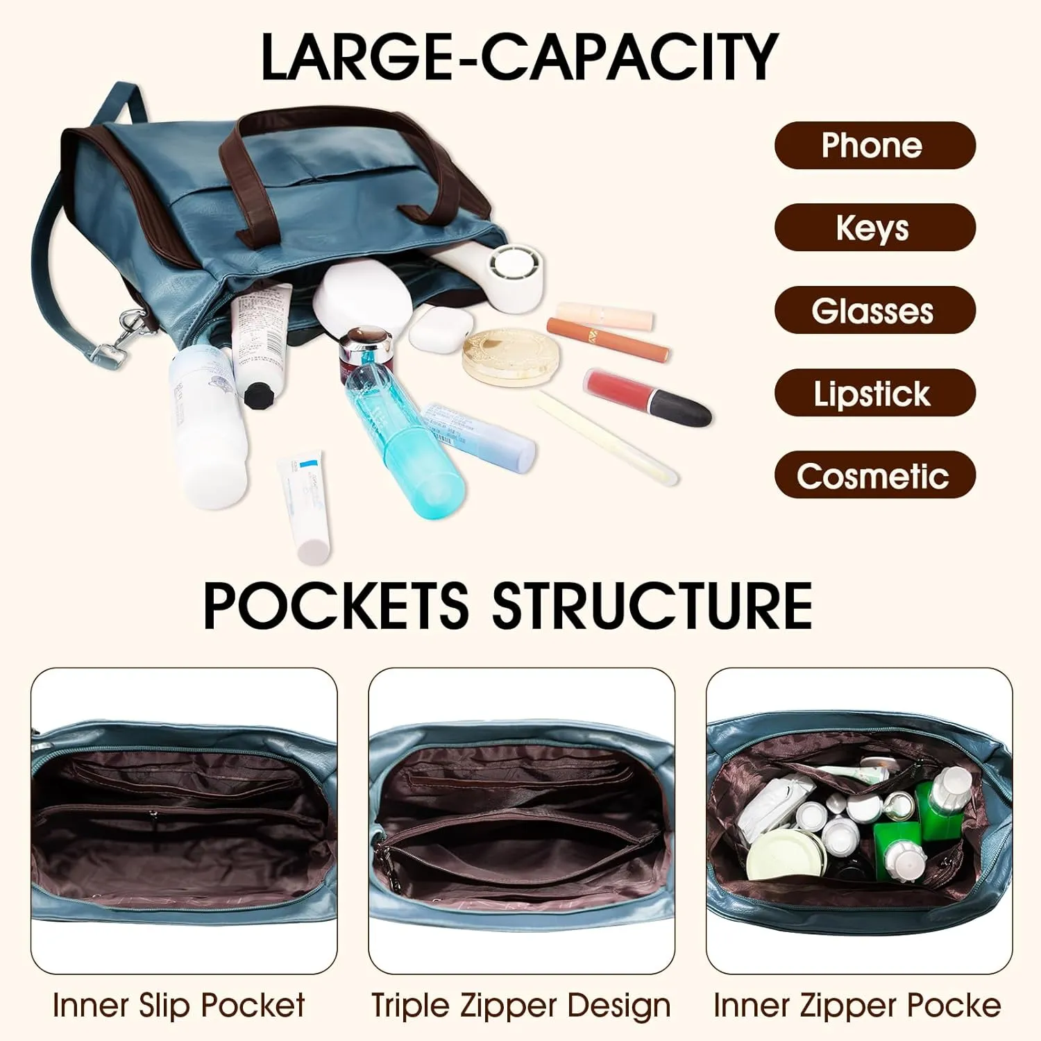 Leather women tote bag: handbag purse for ipad books phone - shoulder satchel with strap adjustable for girls ladies females