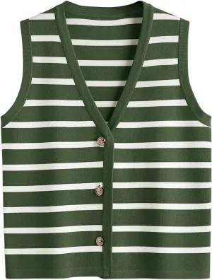 LILLUSORY Summer Vest Tops for Women 2025 Striped Sweater Vests Vacation Button Up Outfits Spring Shirts Blouses Clothes