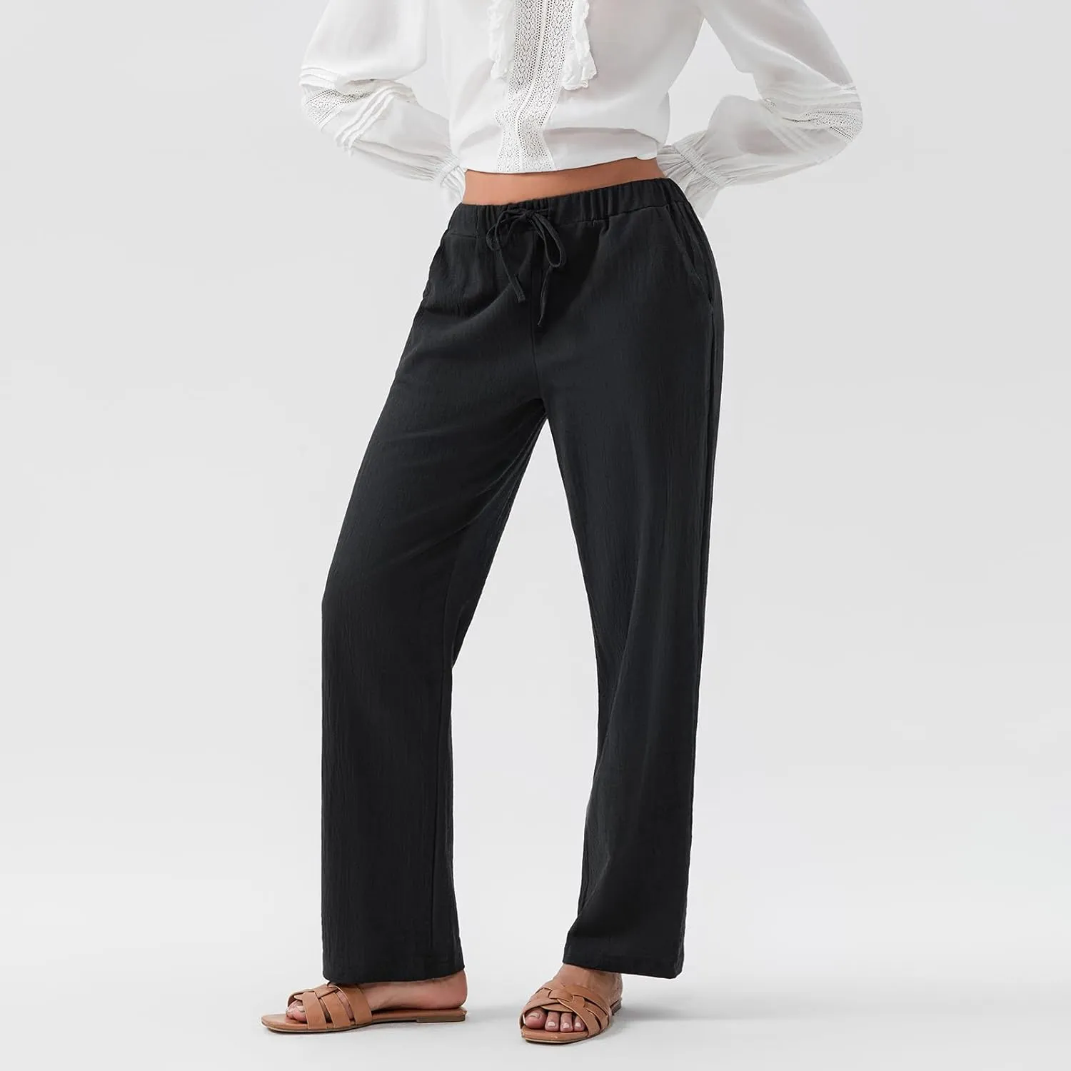 Linen Pants Women Loose Drawstring High Waist Sweatpants Solid Color Trousers with Pockets for Summer Fall
