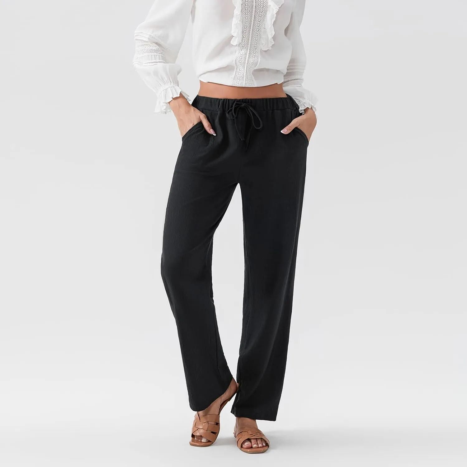 Linen Pants Women Loose Drawstring High Waist Sweatpants Solid Color Trousers with Pockets for Summer Fall