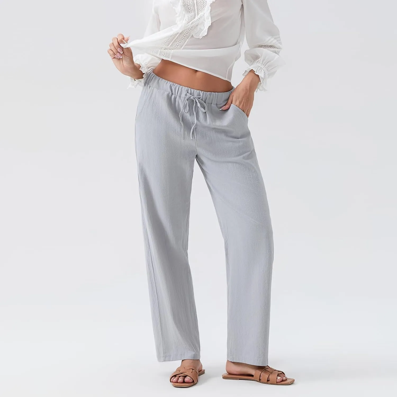 Linen Pants Women Loose Drawstring High Waist Sweatpants Solid Color Trousers with Pockets for Summer Fall