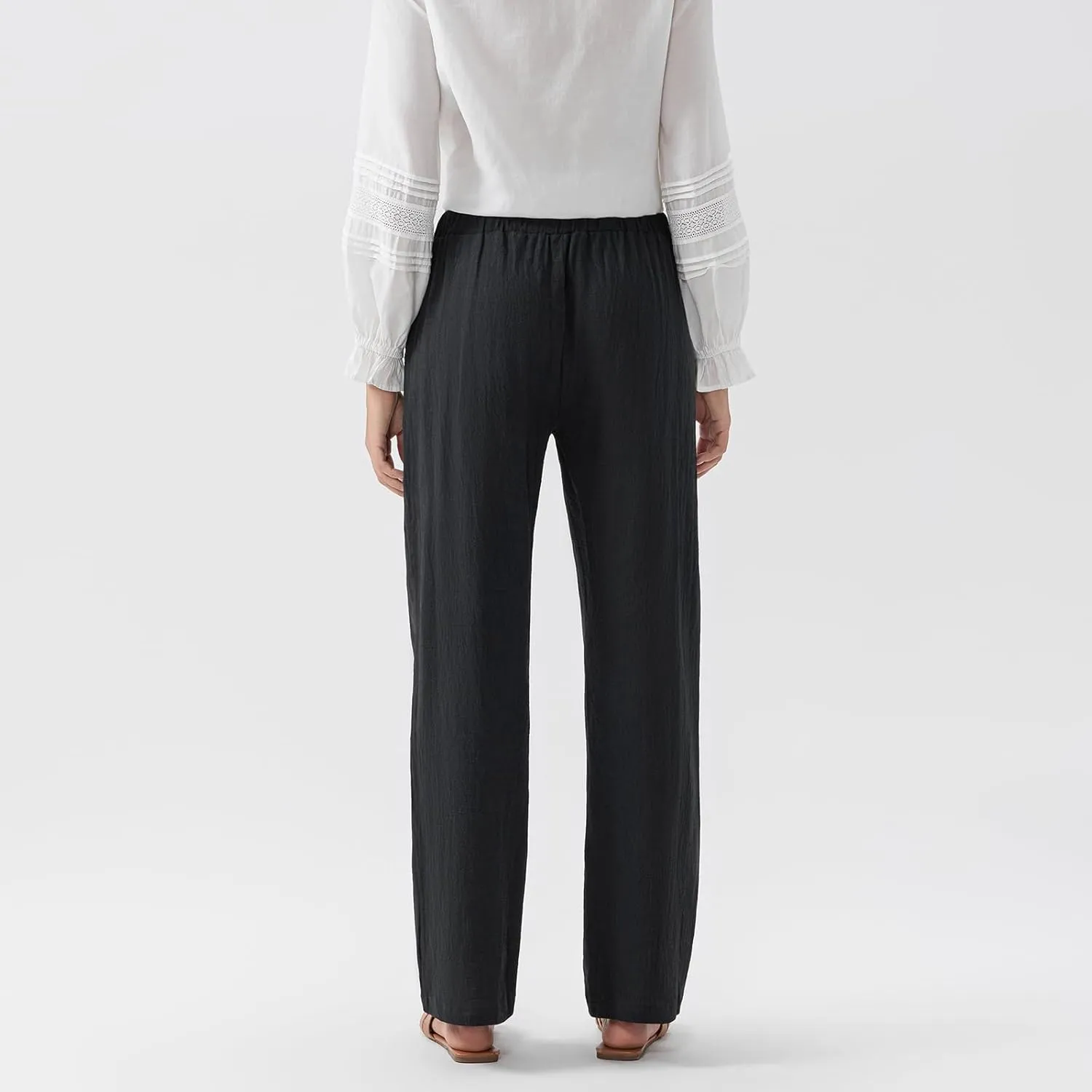 Linen Pants Women Loose Drawstring High Waist Sweatpants Solid Color Trousers with Pockets for Summer Fall