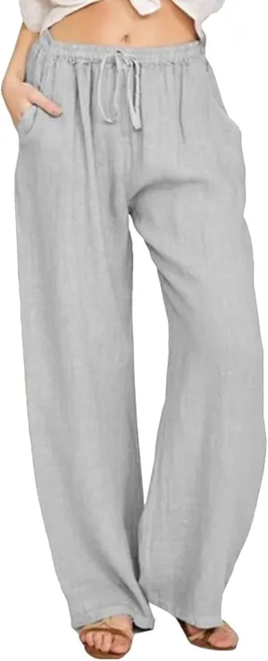 Linen Pants Women Loose Drawstring High Waist Sweatpants Solid Color Trousers with Pockets for Summer Fall