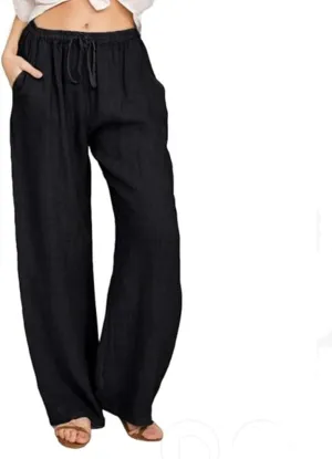 Linen Pants Women Loose Drawstring High Waist Sweatpants Solid Color Trousers with Pockets for Summer Fall