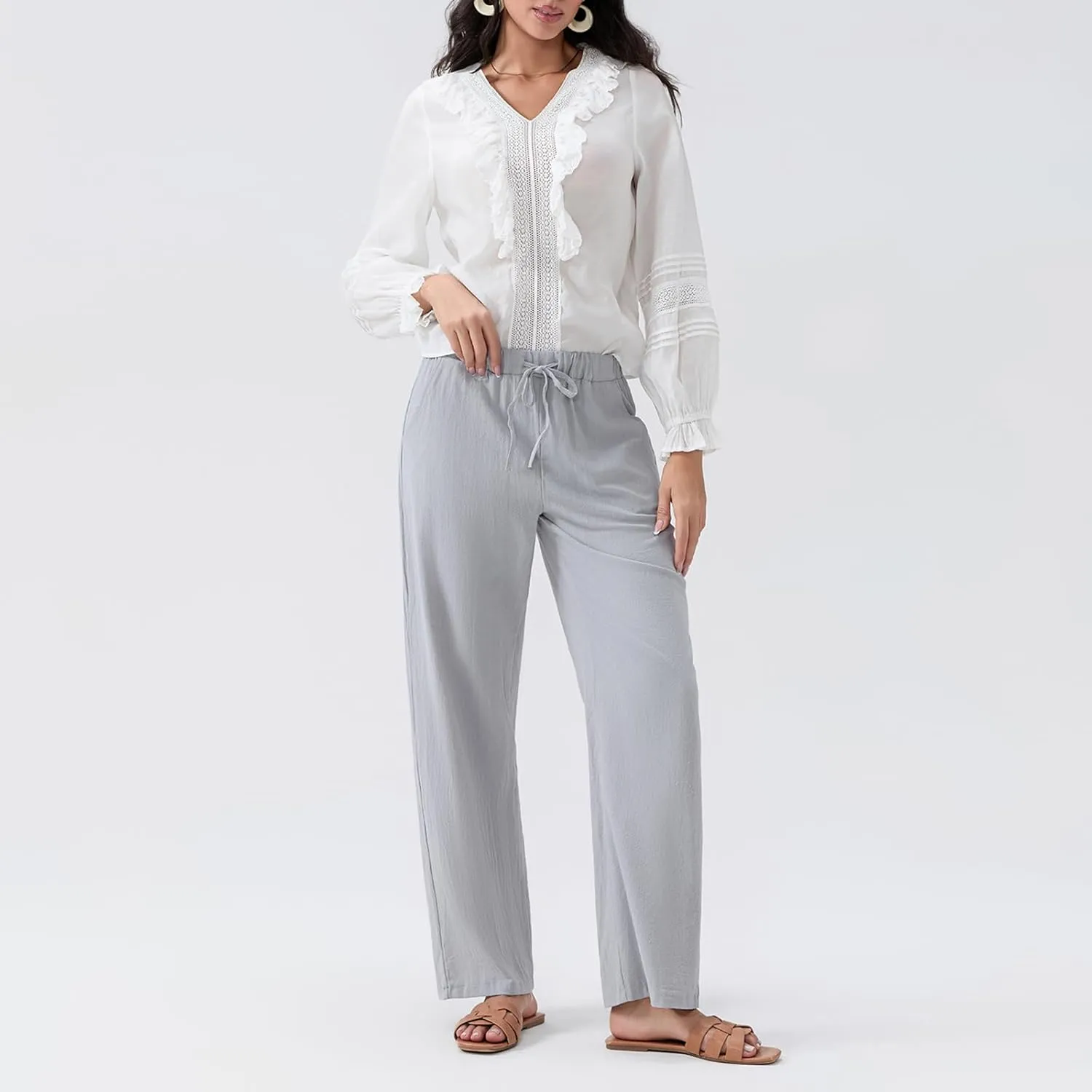 Linen Pants Women Loose Drawstring High Waist Sweatpants Solid Color Trousers with Pockets for Summer Fall