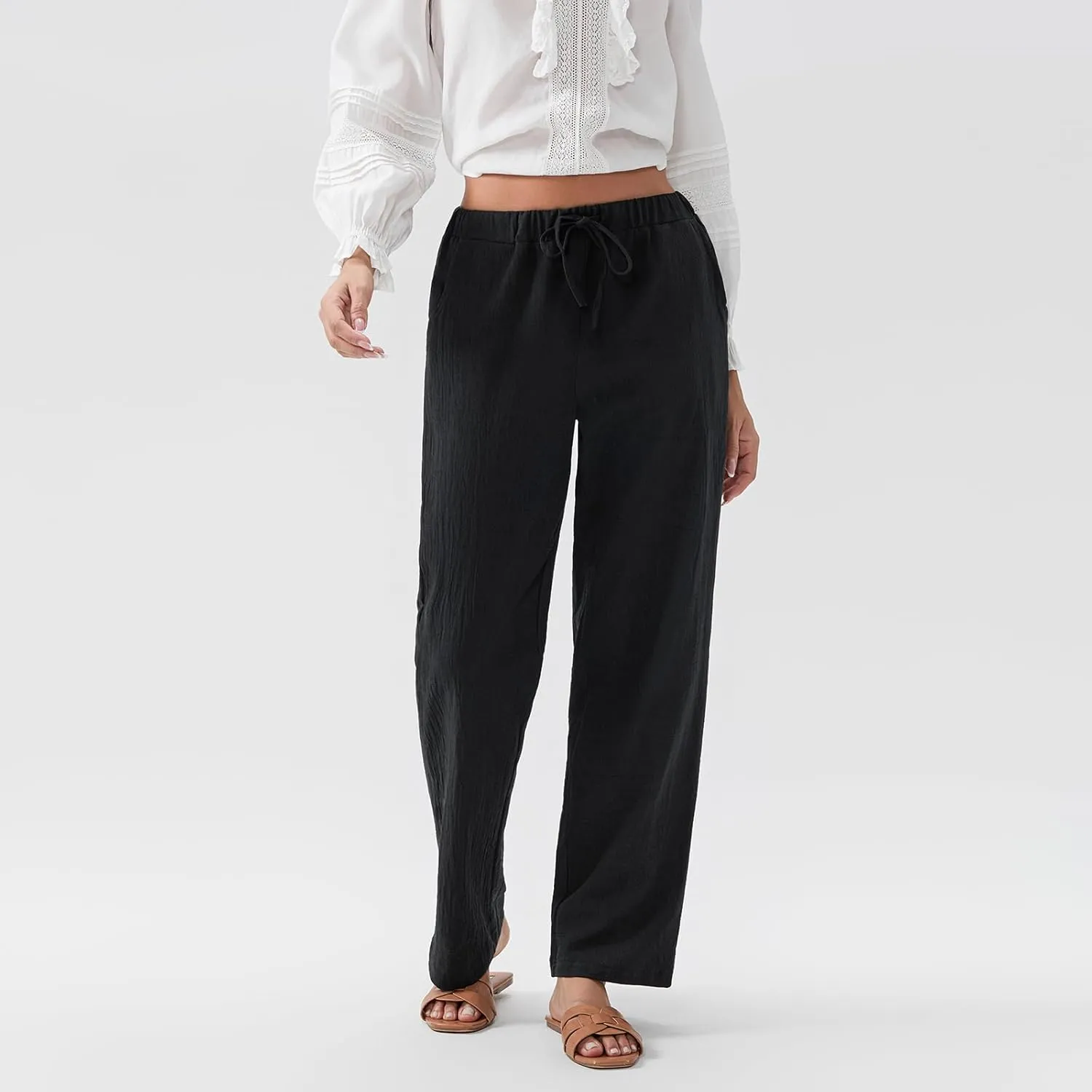 Linen Pants Women Loose Drawstring High Waist Sweatpants Solid Color Trousers with Pockets for Summer Fall