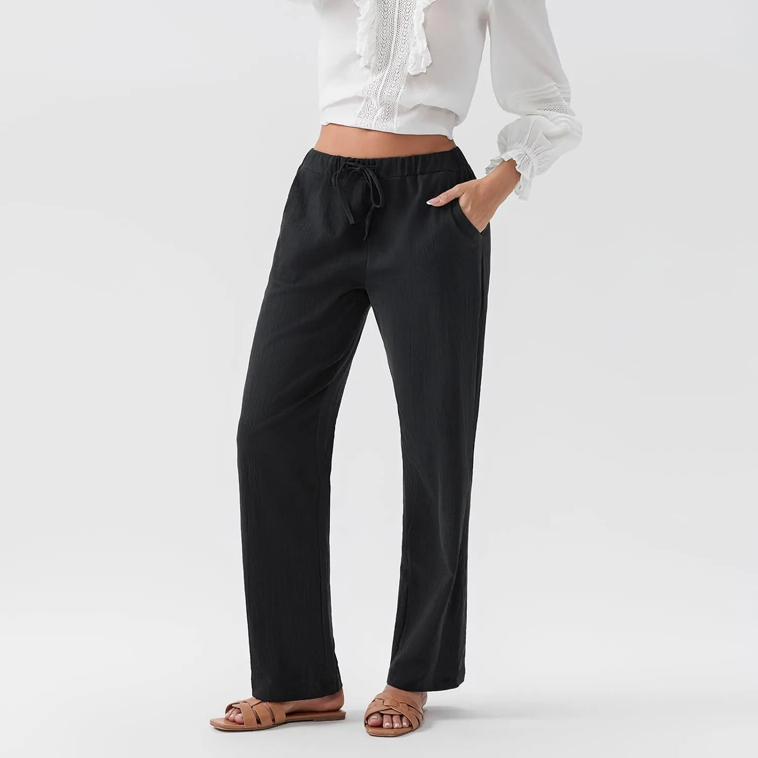 Linen Pants Women Loose Drawstring High Waist Sweatpants Solid Color Trousers with Pockets for Summer Fall