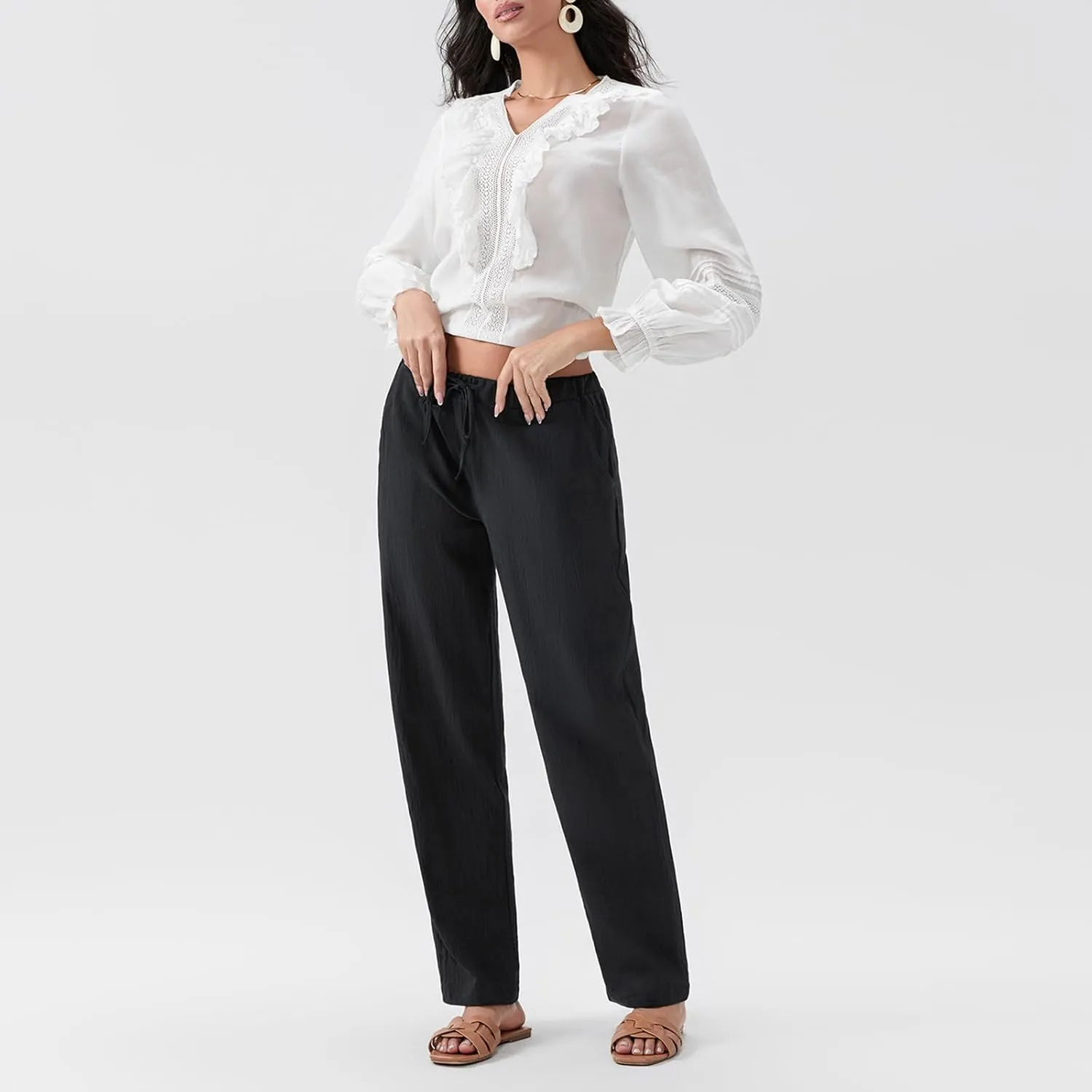 Linen Pants Women Loose Drawstring High Waist Sweatpants Solid Color Trousers with Pockets for Summer Fall