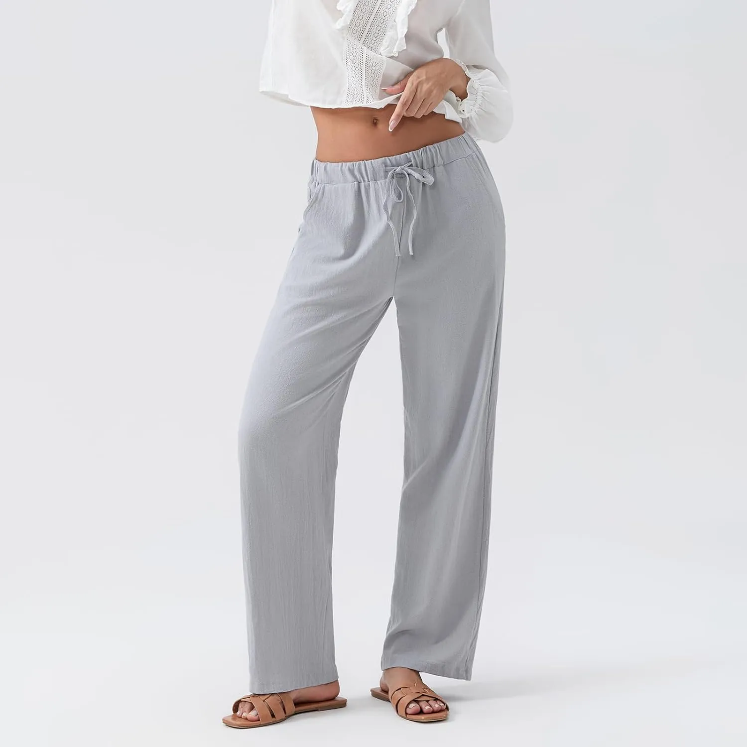 Linen Pants Women Loose Drawstring High Waist Sweatpants Solid Color Trousers with Pockets for Summer Fall