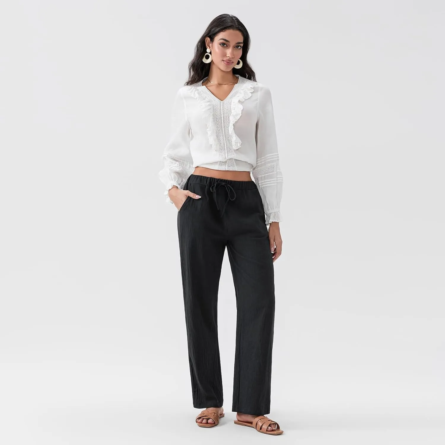 Linen Pants Women Loose Drawstring High Waist Sweatpants Solid Color Trousers with Pockets for Summer Fall
