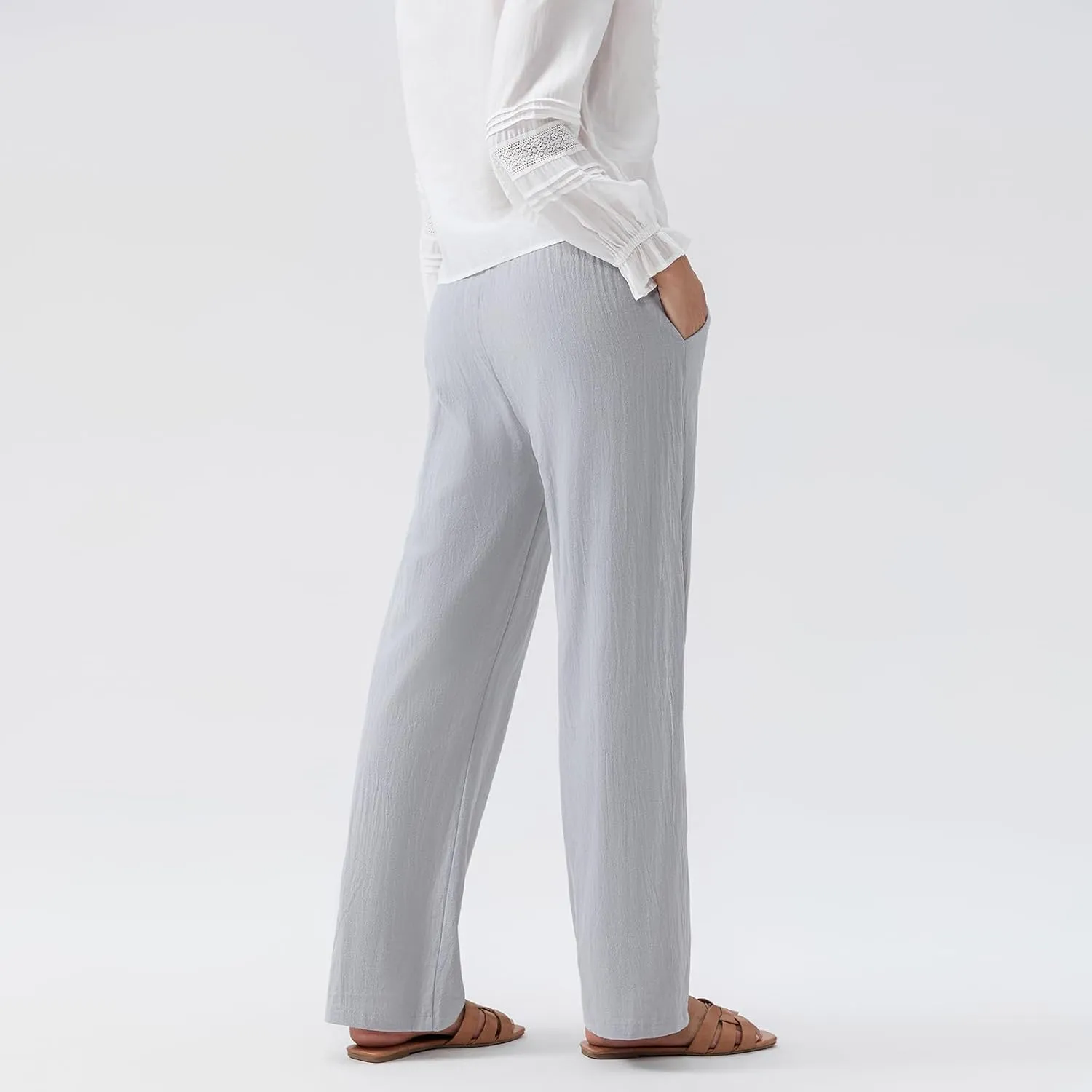 Linen Pants Women Loose Drawstring High Waist Sweatpants Solid Color Trousers with Pockets for Summer Fall