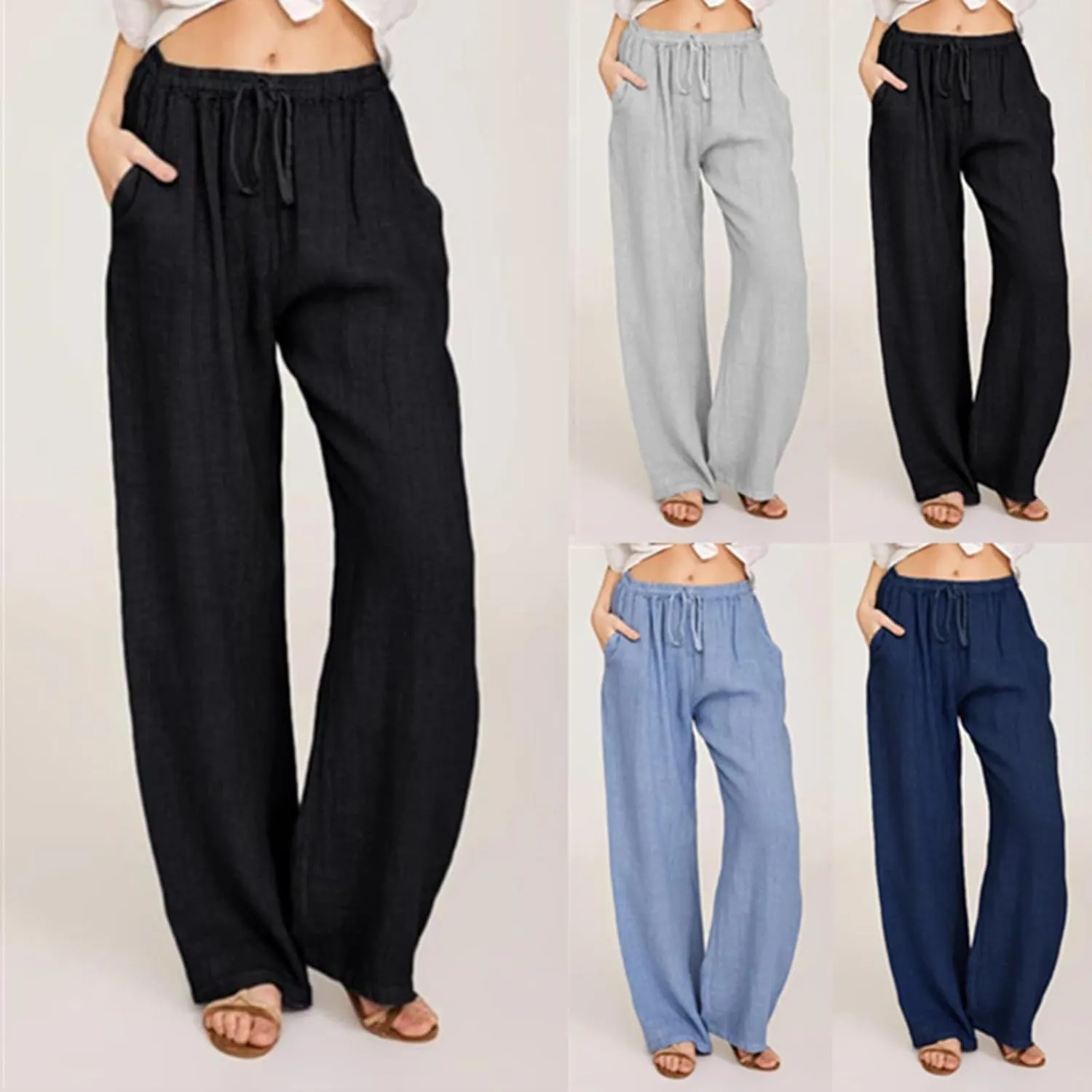 Linen Pants Women Loose Drawstring High Waist Sweatpants Solid Color Trousers with Pockets for Summer Fall