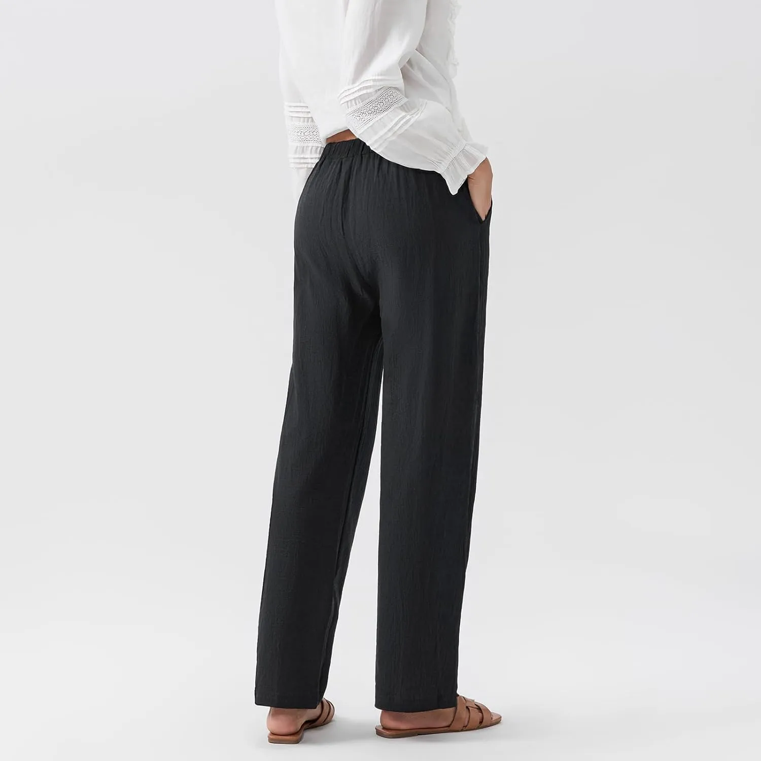 Linen Pants Women Loose Drawstring High Waist Sweatpants Solid Color Trousers with Pockets for Summer Fall