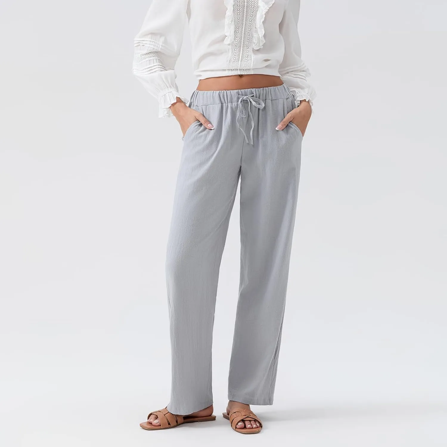 Linen Pants Women Loose Drawstring High Waist Sweatpants Solid Color Trousers with Pockets for Summer Fall