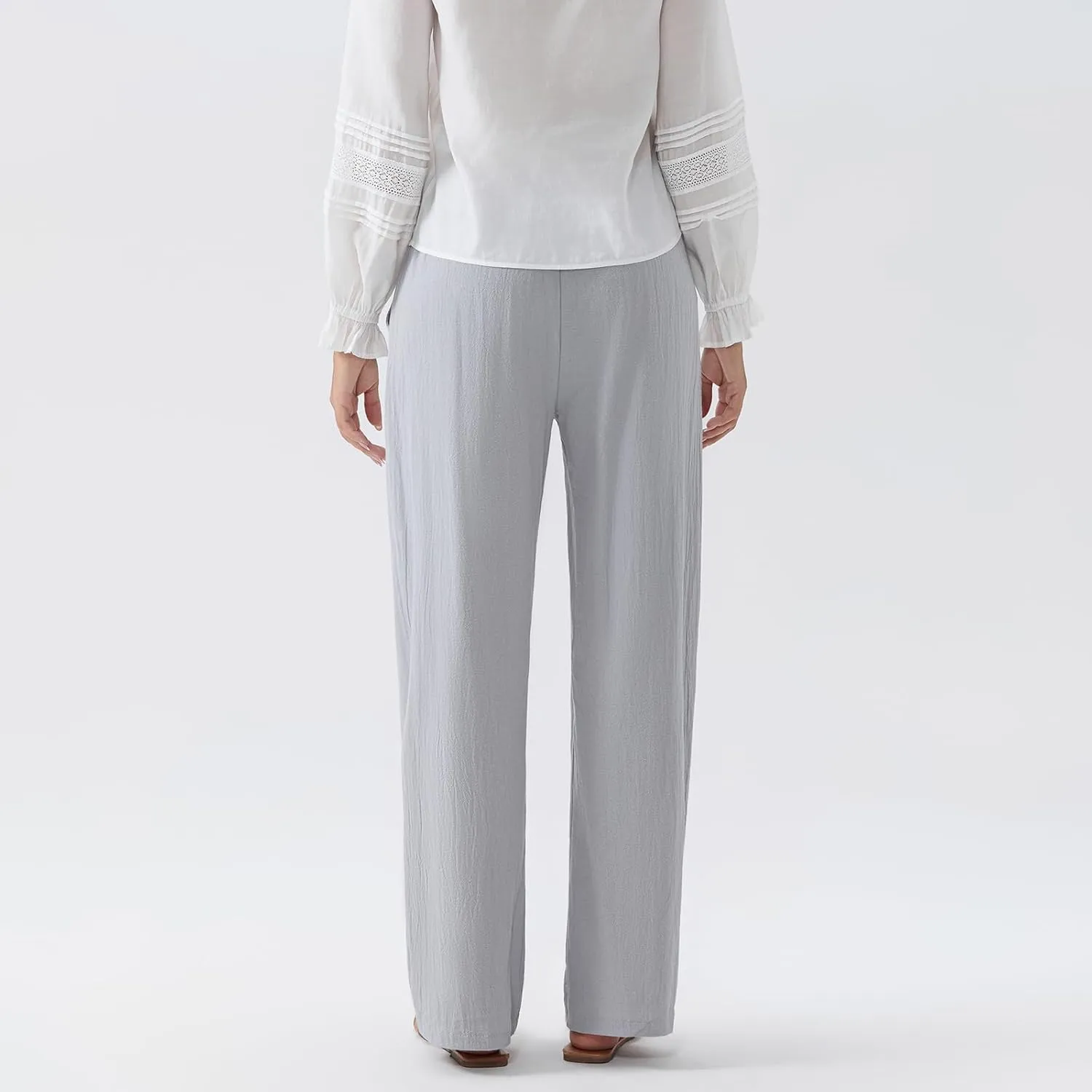 Linen Pants Women Loose Drawstring High Waist Sweatpants Solid Color Trousers with Pockets for Summer Fall