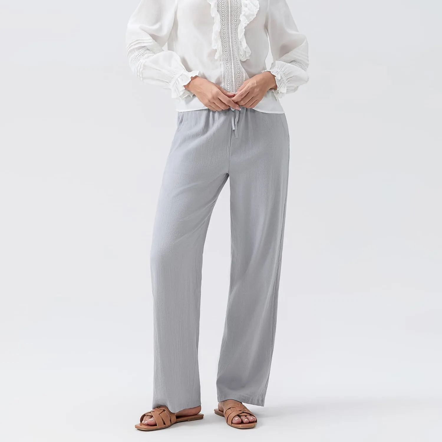 Linen Pants Women Loose Drawstring High Waist Sweatpants Solid Color Trousers with Pockets for Summer Fall