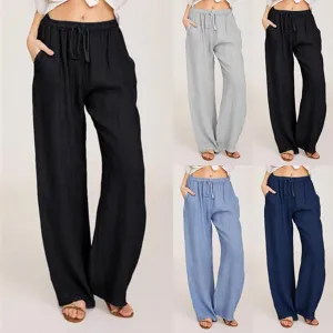 Linen Pants Women Loose Drawstring High Waist Sweatpants Solid Color Trousers with Pockets for Summer Fall
