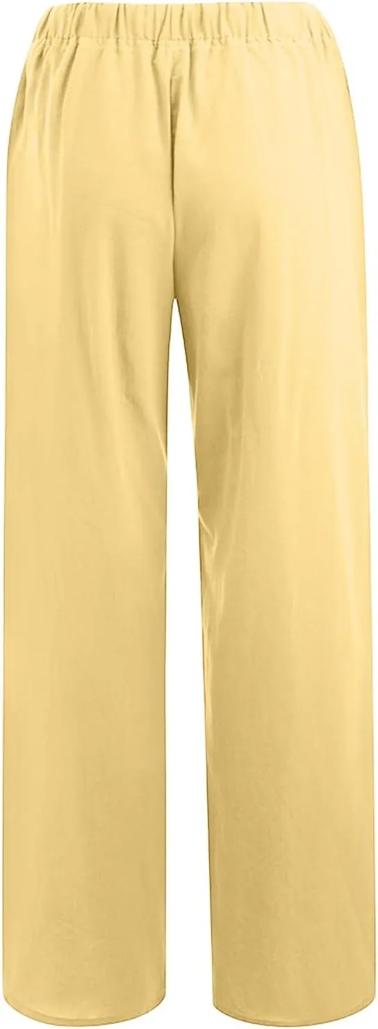 Linen Pants Women Loose Wide Leg Trousers with Pockets Relaxed Fit Breathable Cotton Blend Casual Summer Beachwear