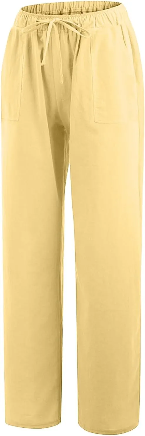 Linen Pants Women Loose Wide Leg Trousers with Pockets Relaxed Fit Breathable Cotton Blend Casual Summer Beachwear