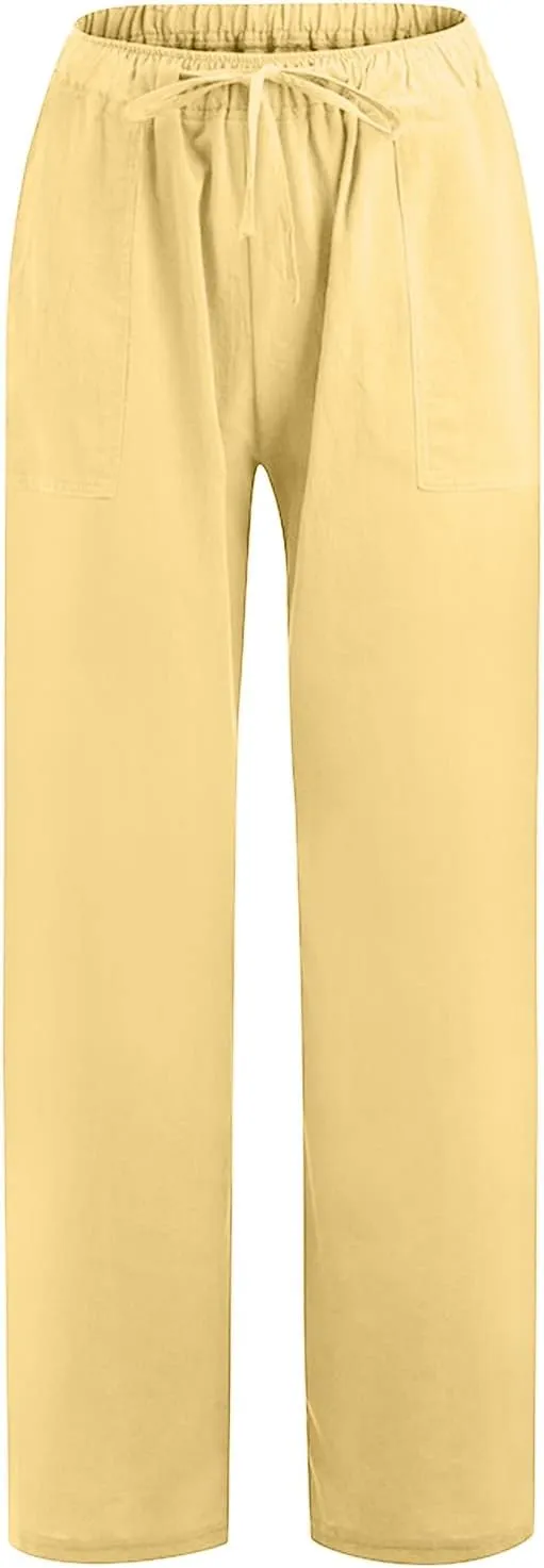 Linen Pants Women Loose Wide Leg Trousers with Pockets Relaxed Fit Breathable Cotton Blend Casual Summer Beachwear
