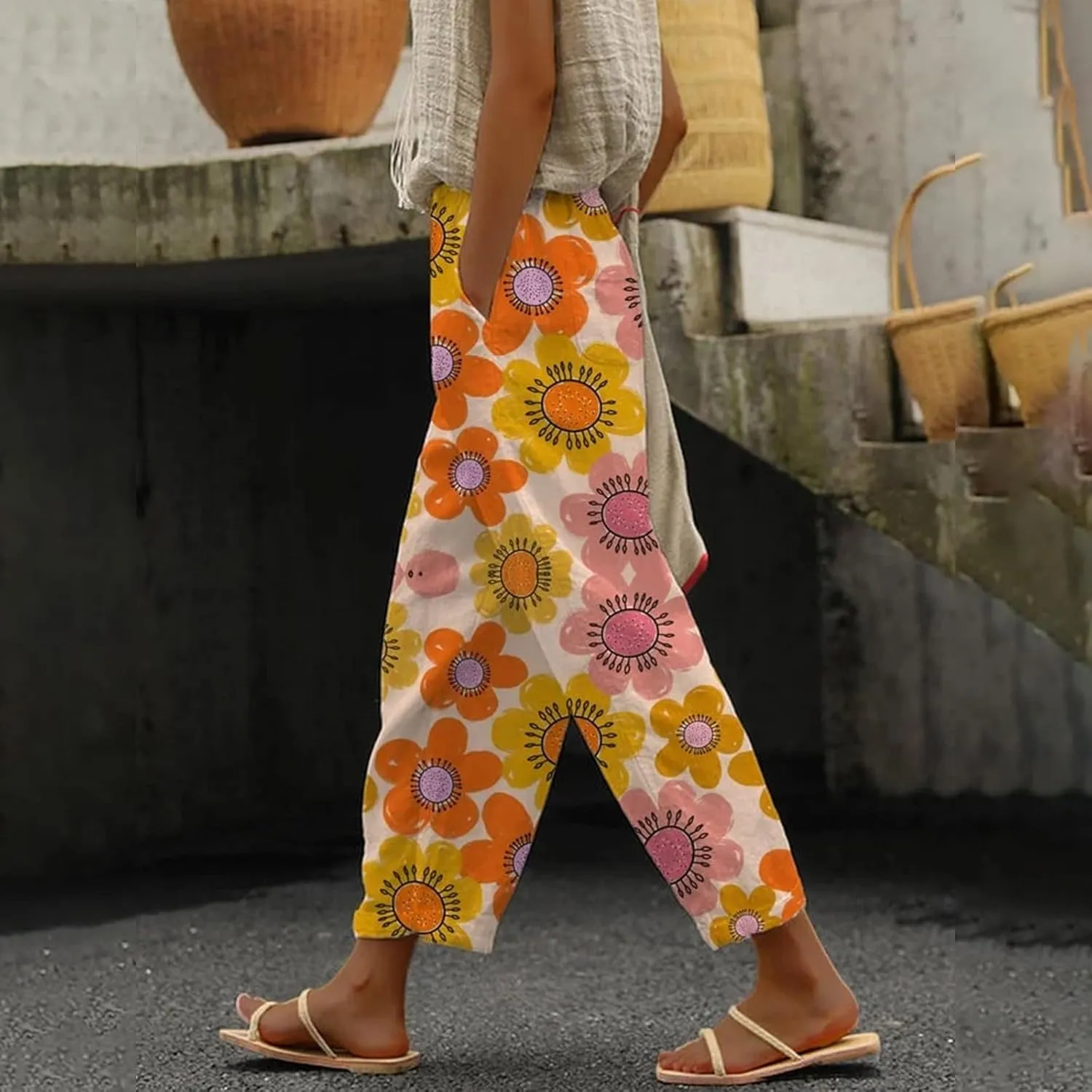 Linen Pants Women Summer Casual Drawstring Pants High Waist Adjustable Knot Loose Casual Trousers Womens Summer
