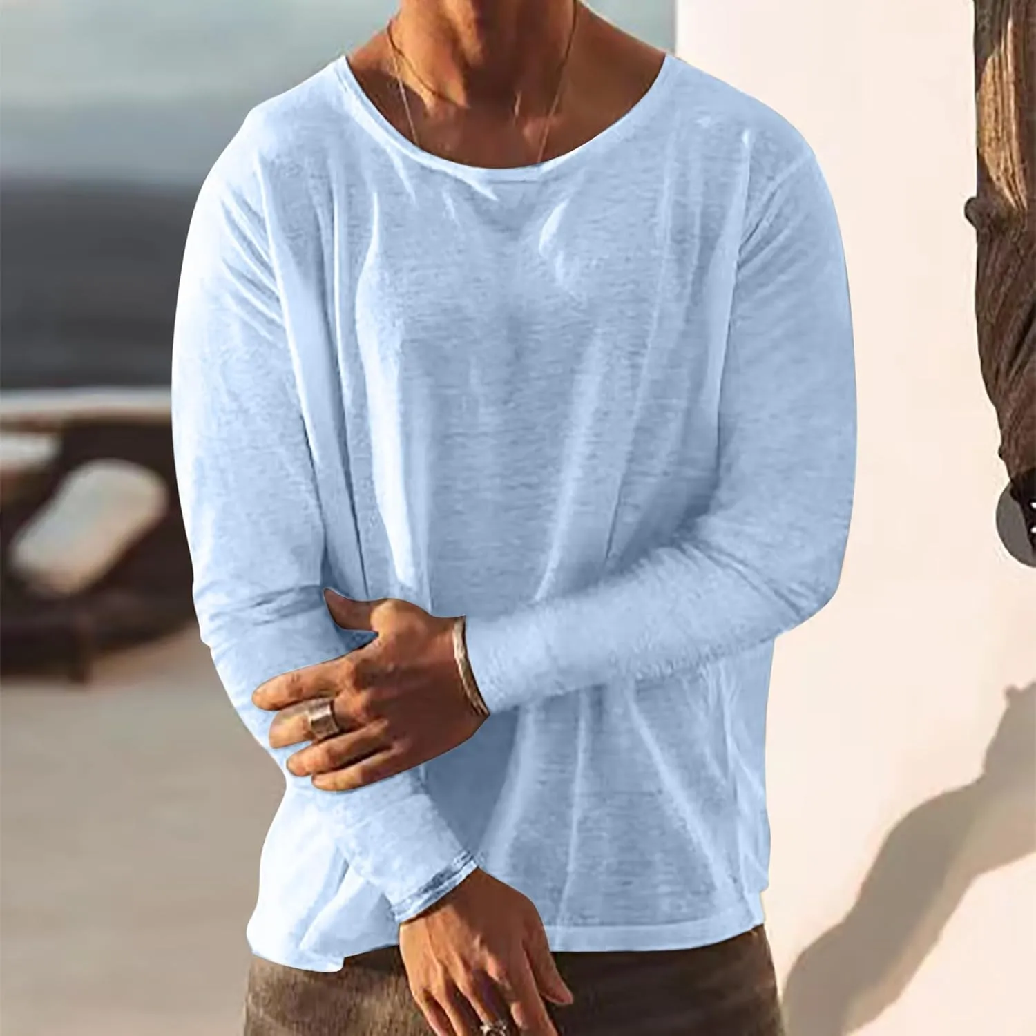 Linen Shirts for Men Long Sleeve Solid Lightweight Crew Neck Casual Shirts Summer Fashion Beach Pullover Tops