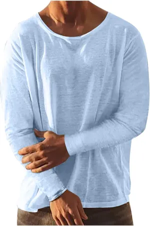 Linen Shirts for Men Long Sleeve Solid Lightweight Crew Neck Casual Shirts Summer Fashion Beach Pullover Tops