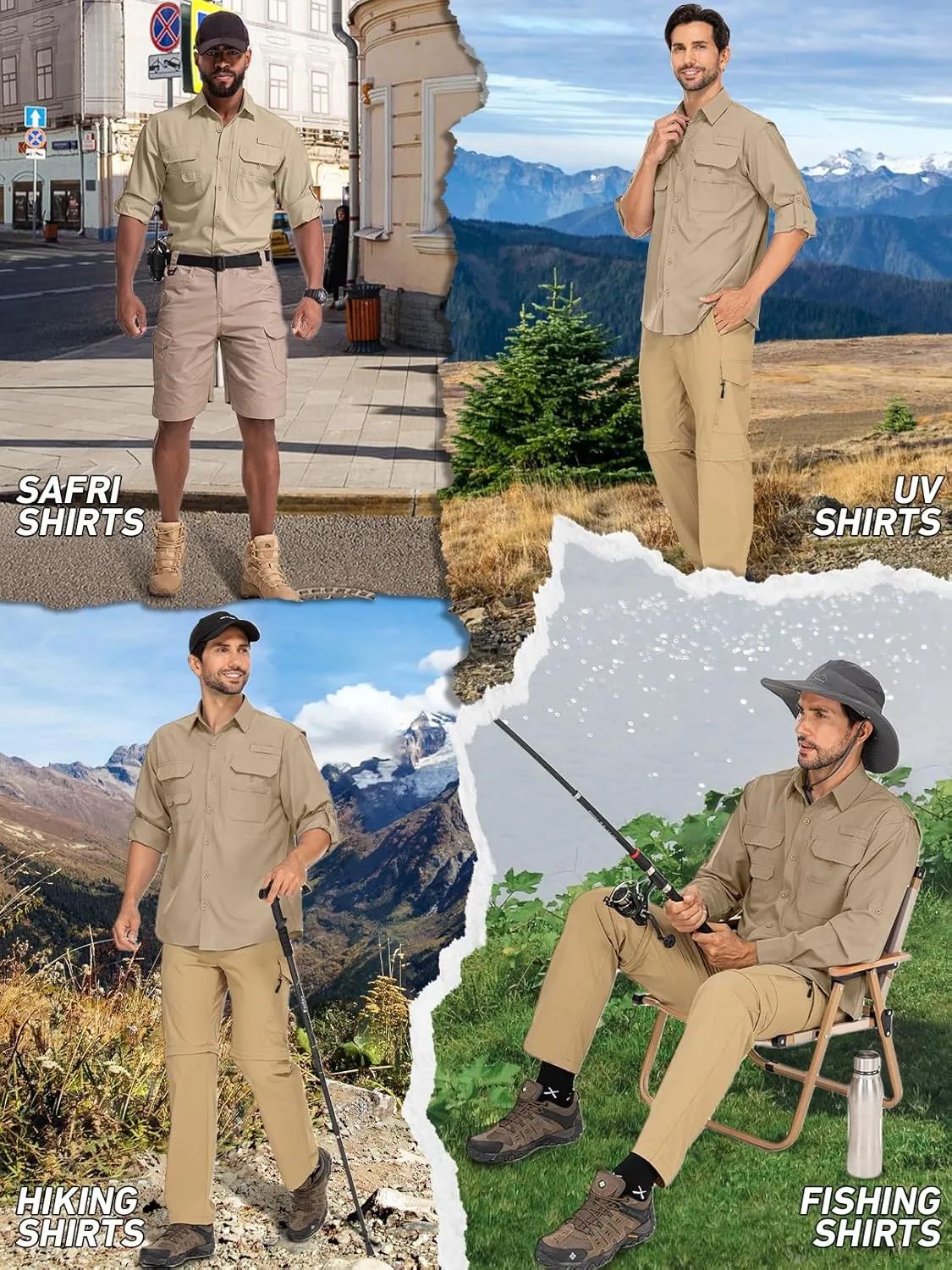 linlon Mens Safari Shirts Long Sleeve UV Protection Hiking Fishing UPF 50  Quick Dry Cooling Camping Travel Shirts