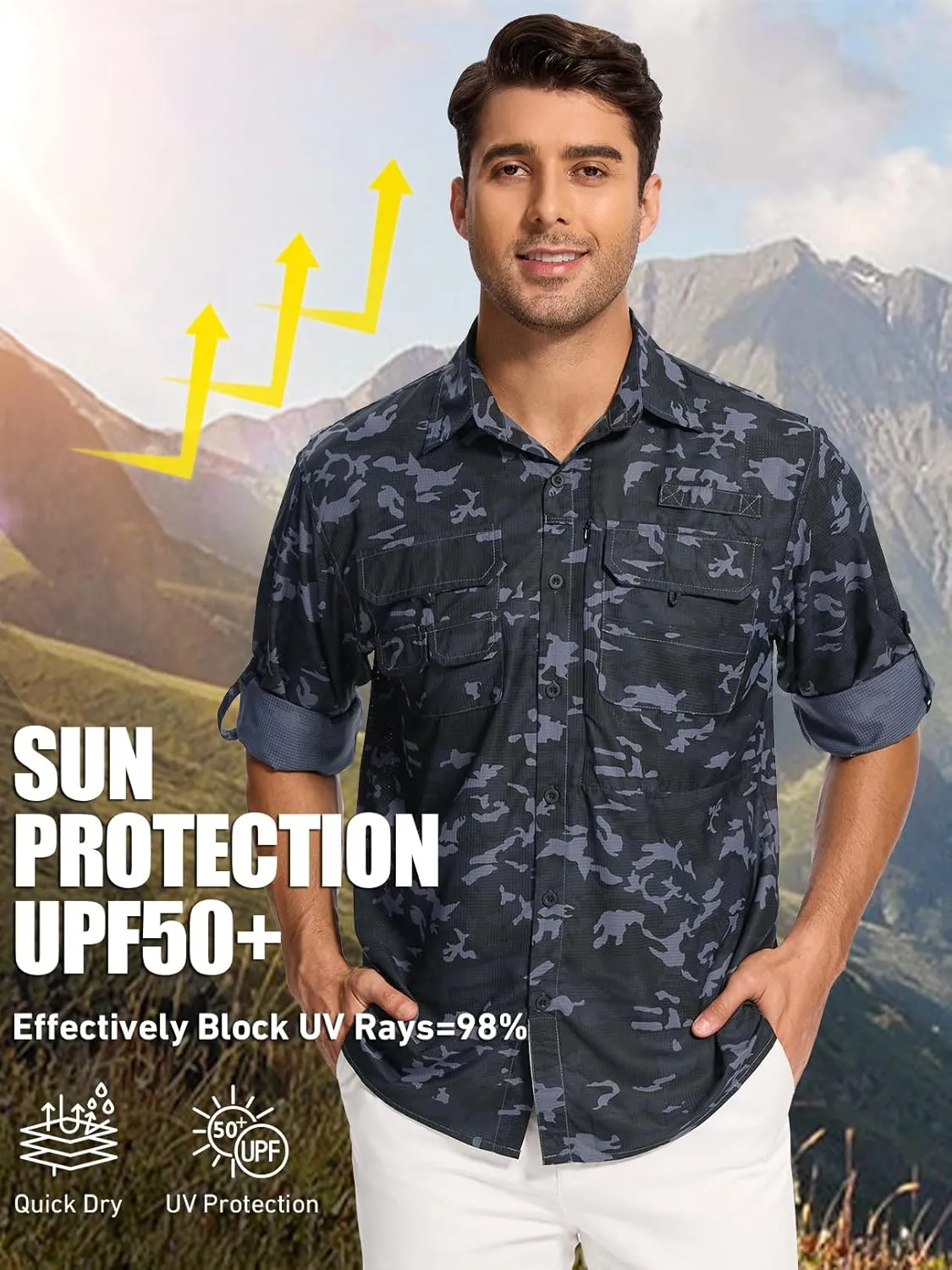 linlon Mens Safari Shirts Long Sleeve UV Protection Hiking Fishing UPF 50  Quick Dry Cooling Camping Travel Shirts