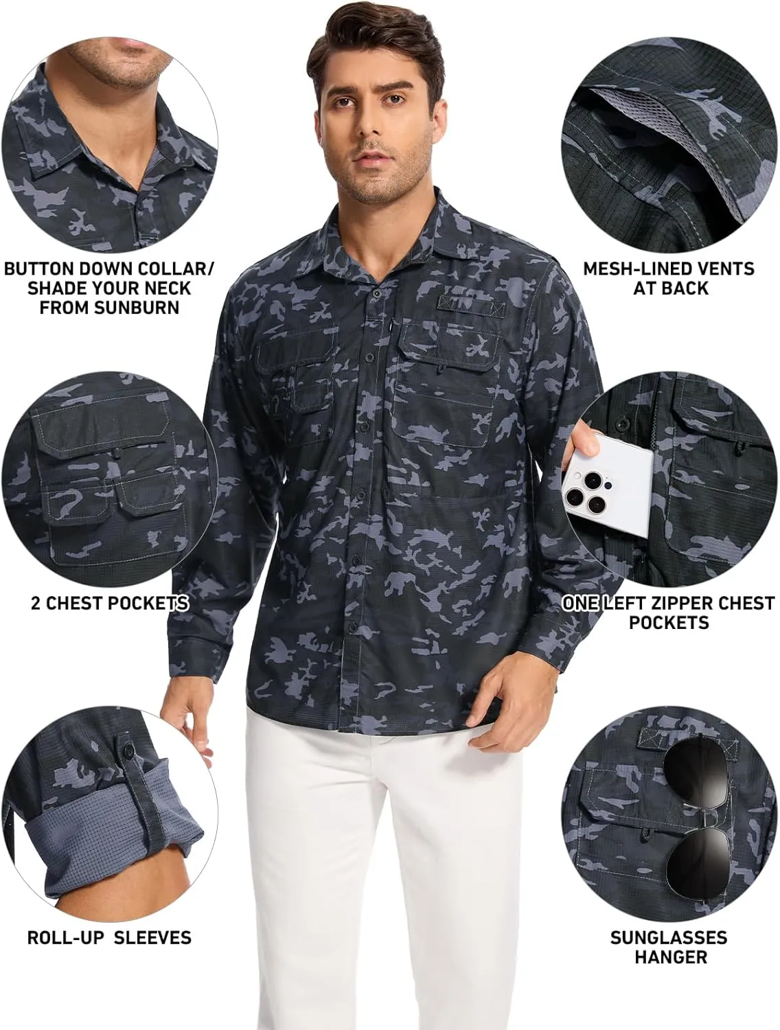 linlon Mens Safari Shirts Long Sleeve UV Protection Hiking Fishing UPF 50  Quick Dry Cooling Camping Travel Shirts