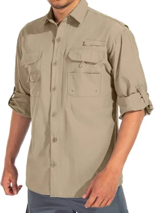 linlon Mens Safari Shirts Long Sleeve UV Protection Hiking Fishing UPF 50  Quick Dry Cooling Camping Travel Shirts